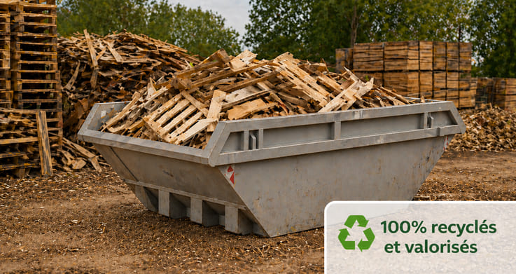 Benne de déchets bois remplie de palettes et bois à recycler