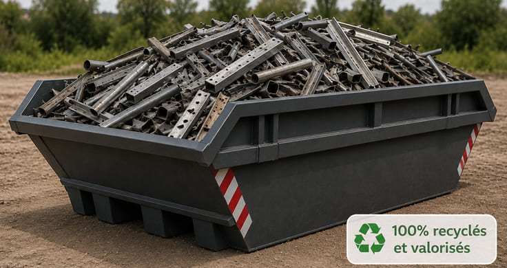 Benne de déchets remplie de ferraille et de métaux à recycler